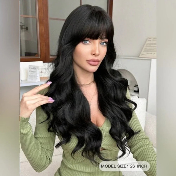 26 Inch Long Wave Curly Black Wig with Bangs density 200% BOUTIQUE - Picture 4 of 12